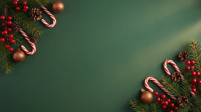 Christmas border with candy canes pine branches and red berries on green