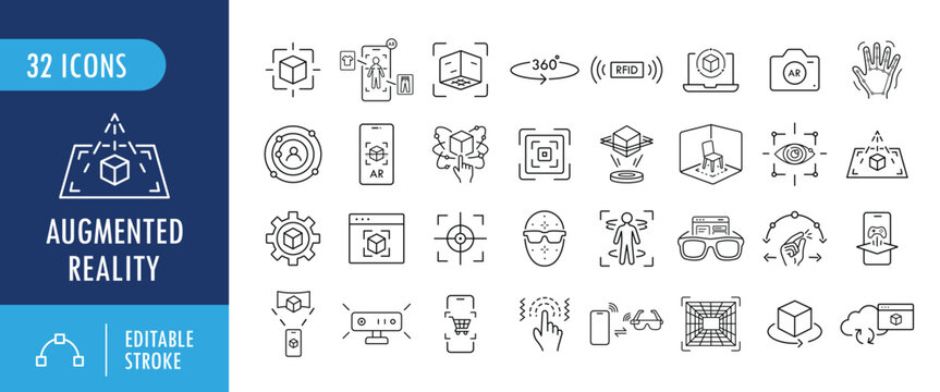 Augmented reality icon set. Collection of AR, virtual objects, smart glasses, immersive technology and digital interaction line icons. Editable stroke. Vector illustration.