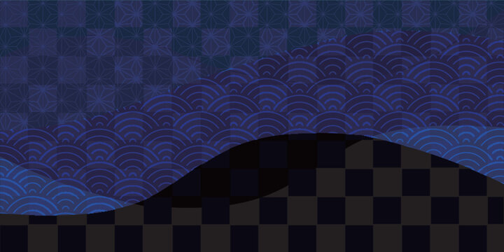 Blue Japanese Style Wave and Checkered Pattern Background