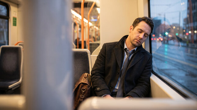 A man sleeps on public transport leaning against the window during a commute