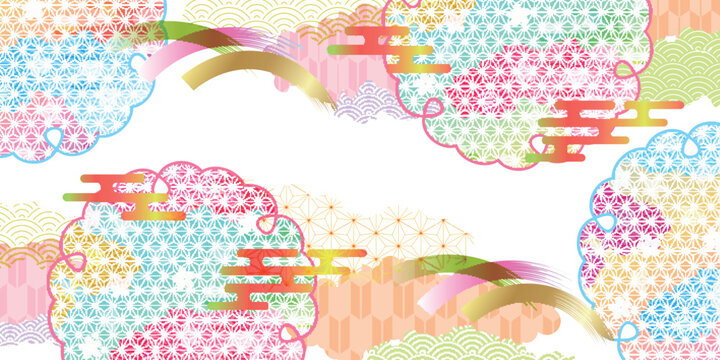 Elegant Japanese traditional pattern background with cherry blossoms and clouds