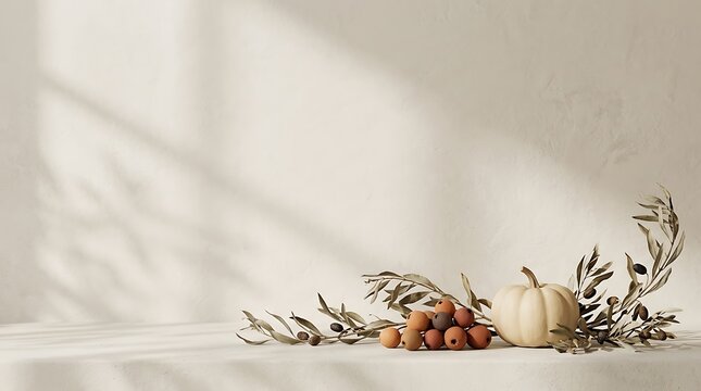Minimalist festive background with pumpkins and dried foliage to celebrate a warm and cozy happy thanksgiving holiday season