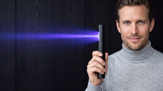 Smiling man holding blank black uv sterilizer wand with violet light beam and copy space