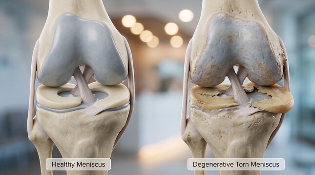 Medical comparison showing healthy meniscus and degenerated torn meniscus