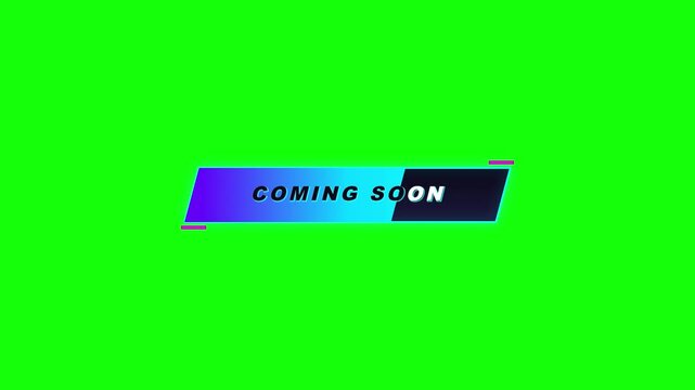 Coming soon digital text animation featuring a sleek modern motion graphic lower third overlay with vibrant purple blue neon lighting