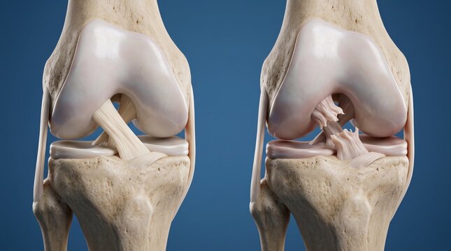 Anatomical comparison of normal knee joint and torn ligament injury