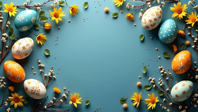Colorful decorated easter eggs and yellow spring flowers arranged on a dark green background