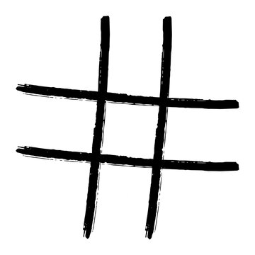 Black hand drawn tic tac toe grid symbol sketch with a rough textured brush stroke design