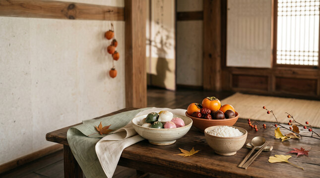 Traditional Korean Chuseok thanksgiving table display with songpyeon rice cakes persimmons and rice in hanok