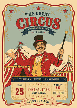 Vintage circus poster featuring a charismatic ringmaster in a classic red coat and top hat standing in front of striped big top tents for circus events, party invitations, posters, flyers