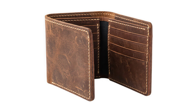 Open brown leather bifold wallet with multiple credit card slots isolated on white background with slots visible stitching featuring multiple handcrafted brown craftsmanship leathercraft billfold
