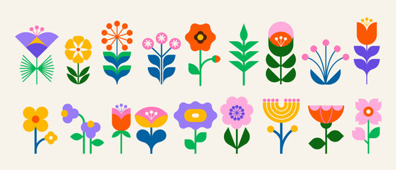Plakat Modern flowers icons set in geometric flat style. Retro design with bright colorful floral elements. Scandinavian folk vector illustrations collection
