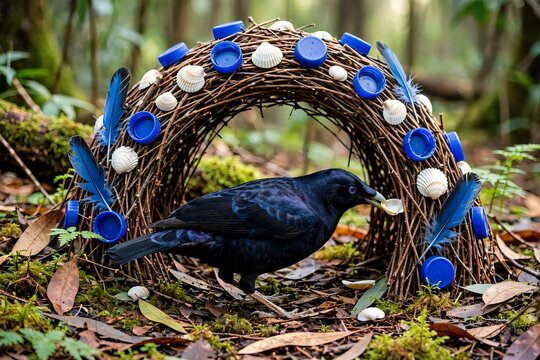 Male Satin Bowerbird Ptilonorhynchus violaceus decorating its intricate twig bower with blue plastic caps feathers and white shells on the forest floor in Australia