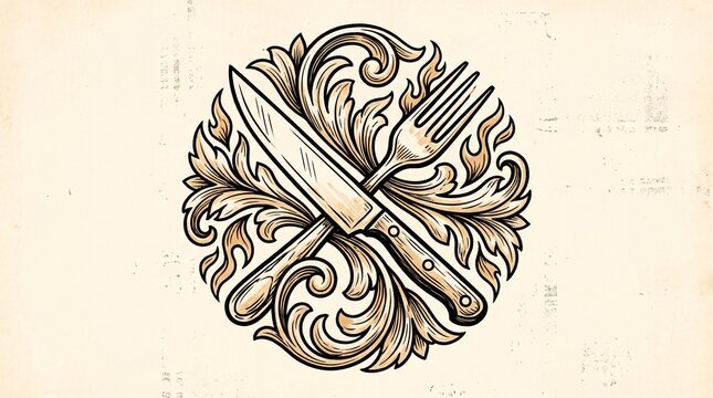 Vintage culinary emblem with crossed knife and fork on ornate floral flame background