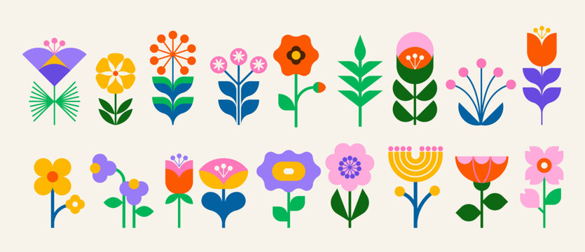 Modern flowers icons set in geometric flat style. Retro design with bright colorful floral elements. Scandinavian folk vector illustrations collection