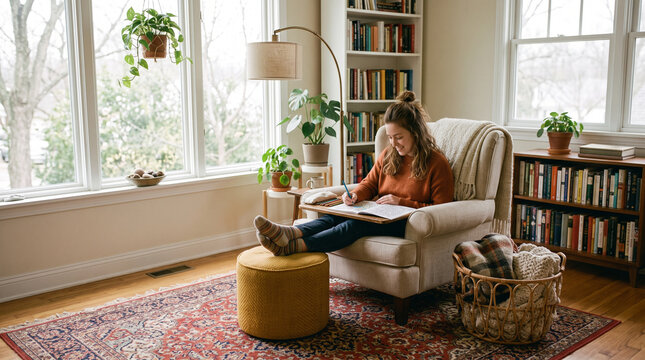 Young woman coloring in adult coloring book while relaxing in armchair at home