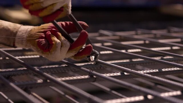 Worker tying reinforcing steel bars with wire during construction