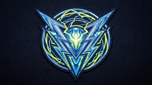 Glowing electric lightning emblem with sharp geometric energy patterns on dark background