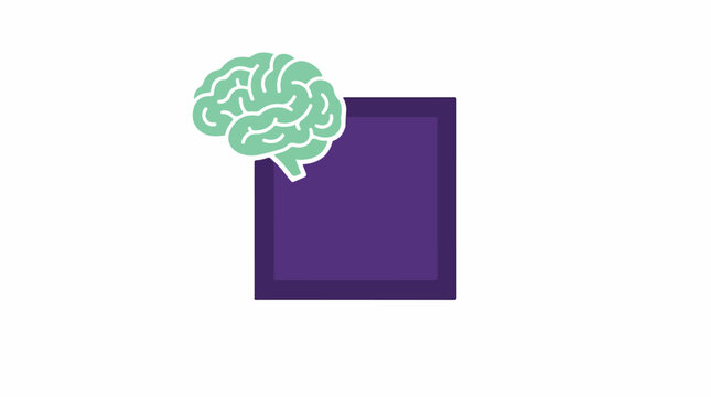 A floating digital brain icon acting as a mouse cursor hovering over a large square 'confirm' button, symbolizing mental interaction, purple and mint green colors, trace optimized, minimalist