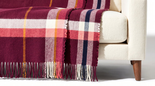 Plaid throw blanket draped on a modern sofa with a light color  