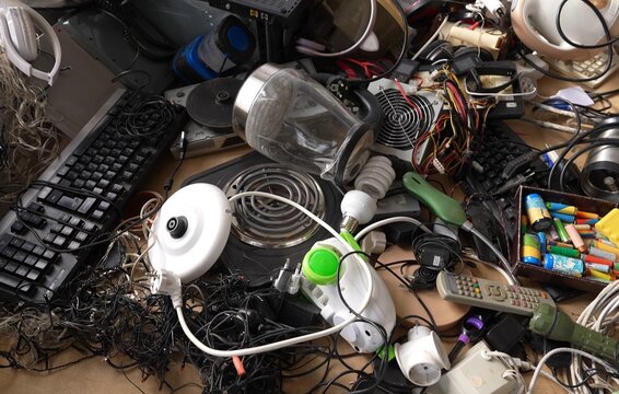 E-waste recycling center. Broken and outdated electronic and household appliances