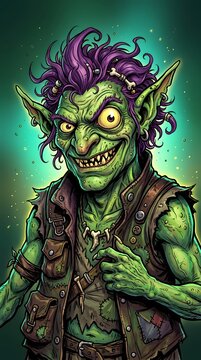 Creepy Green Goblin Cartoon Character for Halloween Fantasy Illustration