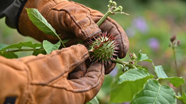 Gardener wearing protective gloves inspects a spiky thorn apple seed pod in a garden