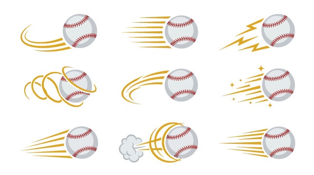 Baseball icons featuring dynamic speed lines and motion trails for professional sports design vector art