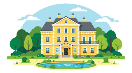 Naklejka premium Grand yellow mansion featuring intricate architectural details and multiple windows presented in a flat vector style