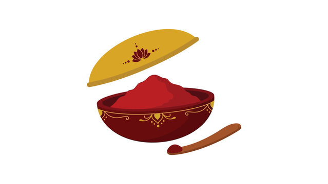 Traditional Indian Kumkum Illustration featuring red vermilion powder in decorative bowl with golden lid for Hindu puja ritual elements.