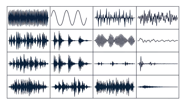 Digital sound wave frequency samples displayed as flat dark icons on a soft pale pink background