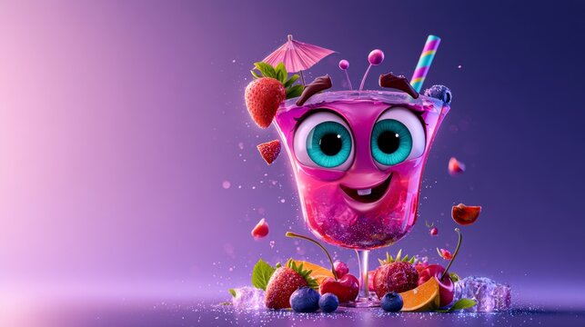 Colorful purple cocktail monster surrounded by candy pieces, joyful party mood, Halloween.	
