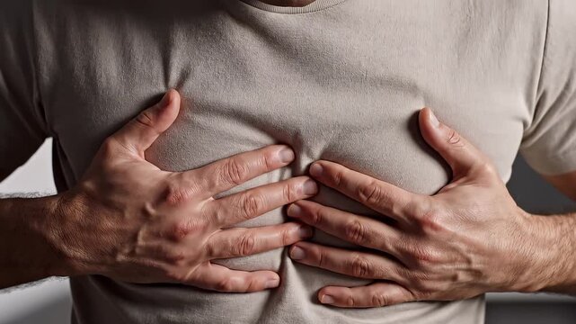 Close-up of a man clutching his chest while experiencing sudden pain and discomfort