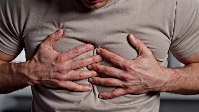 Man clutching his chest in pain, heart attack and cardiac emergency concept