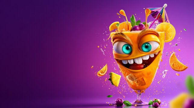 Orange monster snack character with a wide grin and floating candy, playful food branding, festive party mood, Halloween.