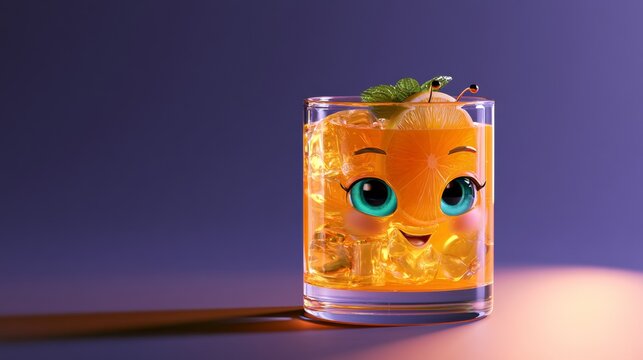 Small orange cube-shaped snack character on a purple studio surface, playful food branding, cute fantasy concept, Halloween.