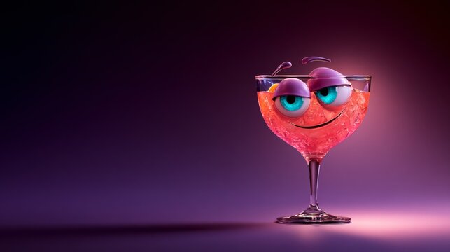 Pink cocktail glass character with a playful grin on a purple studio floor, whimsical beverage branding, party mood, Halloween.