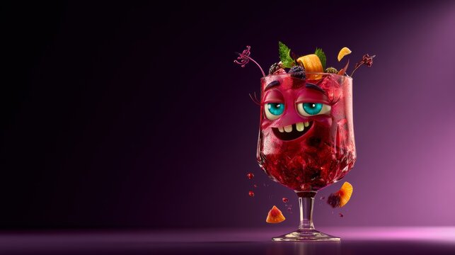 Red monster dessert character standing against a dark purple background, playful food branding, spooky humor, Halloween.