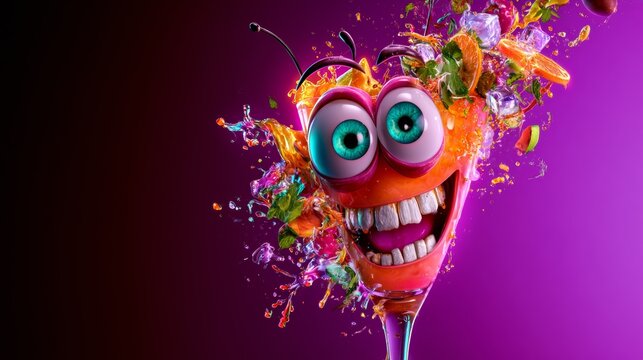 Colorful monster cocktail with a wide grin and floating candy, playful beverage branding, cheerful spooky concept, Halloween.
