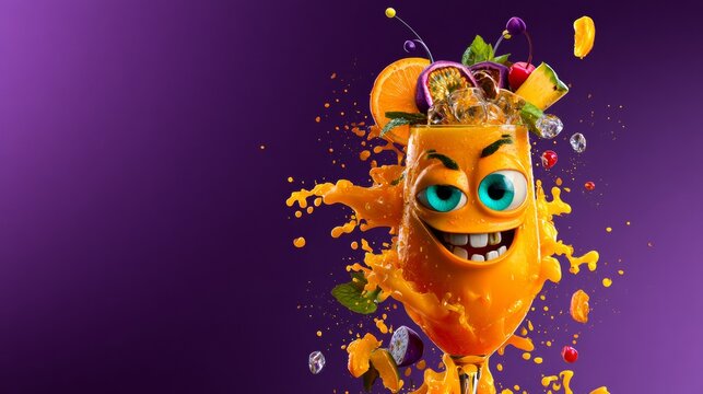 Orange monster snack character with candy pieces on a purple background, playful food branding, joyful fantasy mood, Halloween.