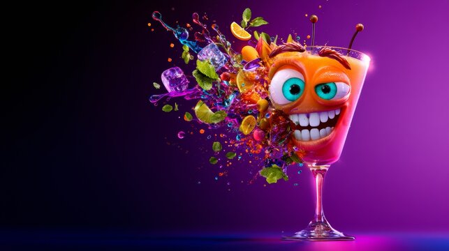 Colorful purple cocktail monster surrounded by candy pieces, festive beverage branding, joyful party mood, Halloween.