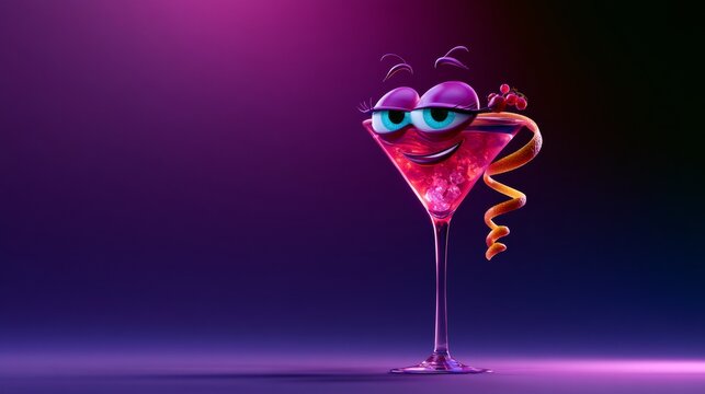Pink cocktail glass character standing alone on a purple studio floor, whimsical beverage branding, playful party mood, Halloween.