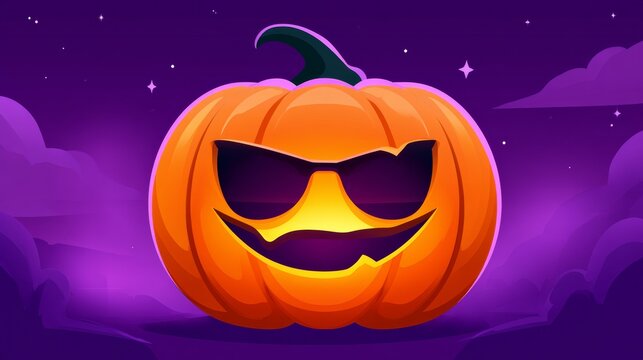 Jack-o-lantern character with a playful carved grin on a purple background, festive Halloween decoration, spooky holiday mood, Halloween.