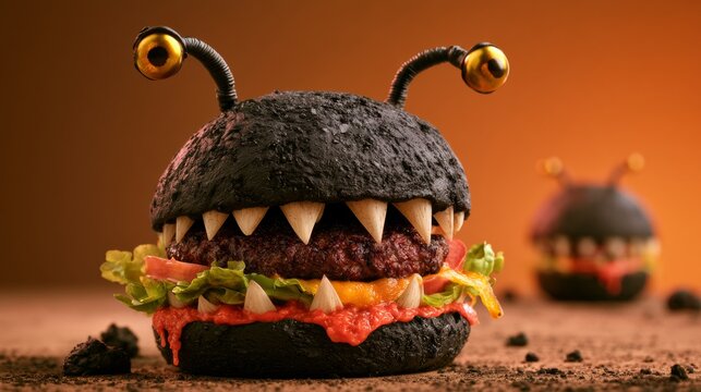 Black monster burger with lettuce and tomato on an orange studio surface, playful fast food branding, humorous spooky concept, Halloween.