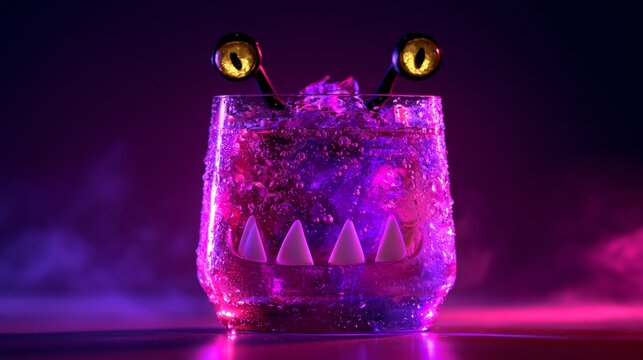 Purple monster dessert character standing on a glowing studio floor, playful food branding, humorous spooky mood, Halloween.