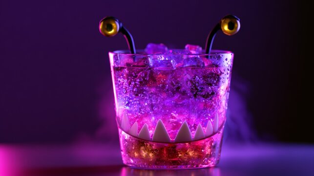 Purple monster dessert character with a toothy grin on a dark studio surface, playful food branding, whimsical spooky concept, Halloween.