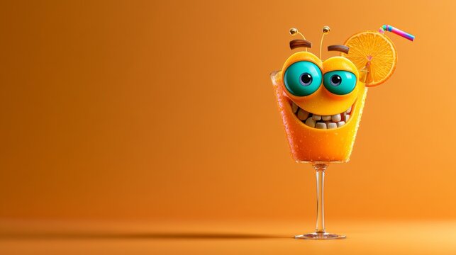 Smiling orange food mascot standing on an orange background, playful restaurant character, cheerful Halloween concept.