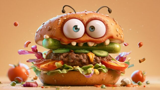 Cute cartoon burger character with wide eyes on an orange background, playful fast food illustration, Halloween theme.