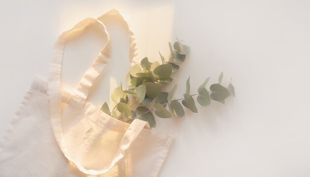 A canvas tote bag lies on a white surface containing several stems of green eucalyptus leaves under warm light