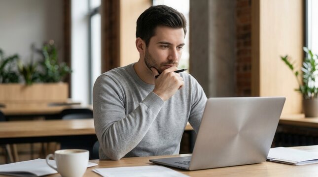 Businessman in deep thought looking at a laptop for an online project